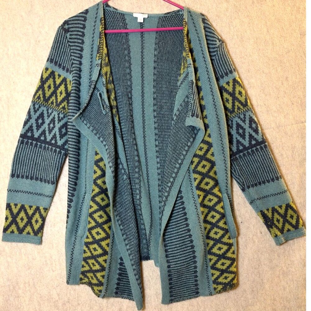 J.Jill Geometric Knit Cardigan Women’s M Teal Green Boho Western Wool Alpaca